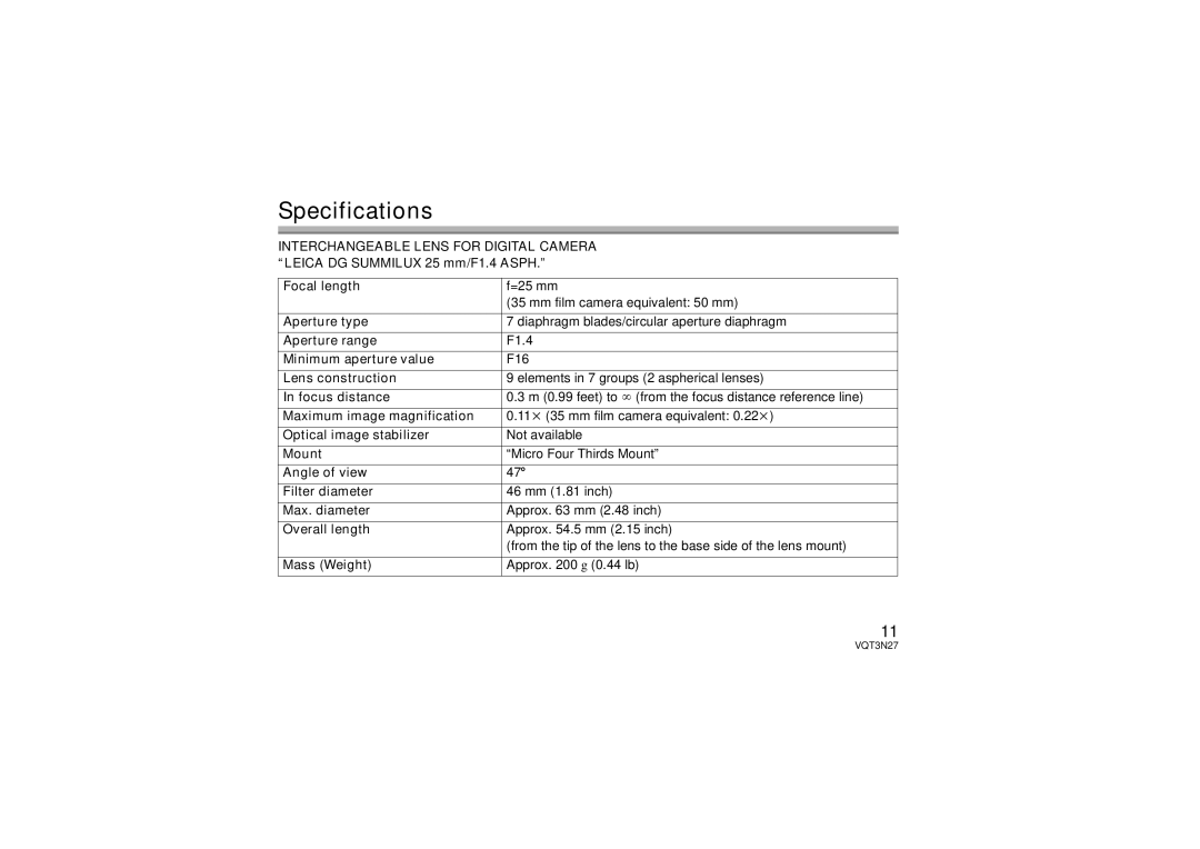 Panasonic HX025 operating instructions Specifications 