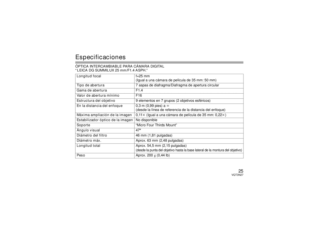 Panasonic HX025 operating instructions Especificaciones 