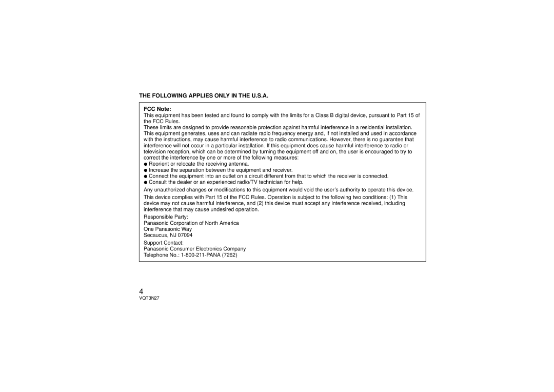 Panasonic HX025 operating instructions Following Applies only in the U.S.A 