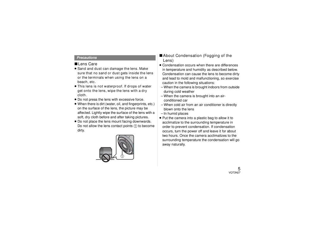 Panasonic HX025 Lens Care, About Condensation Fogging Lens, ≥ Do not press the lens with excessive force 