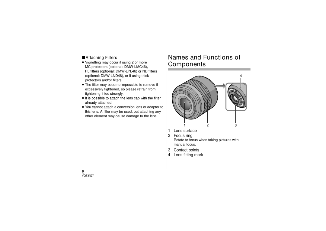 Panasonic HX025 operating instructions Names and Functions of Components, Attaching Filters 