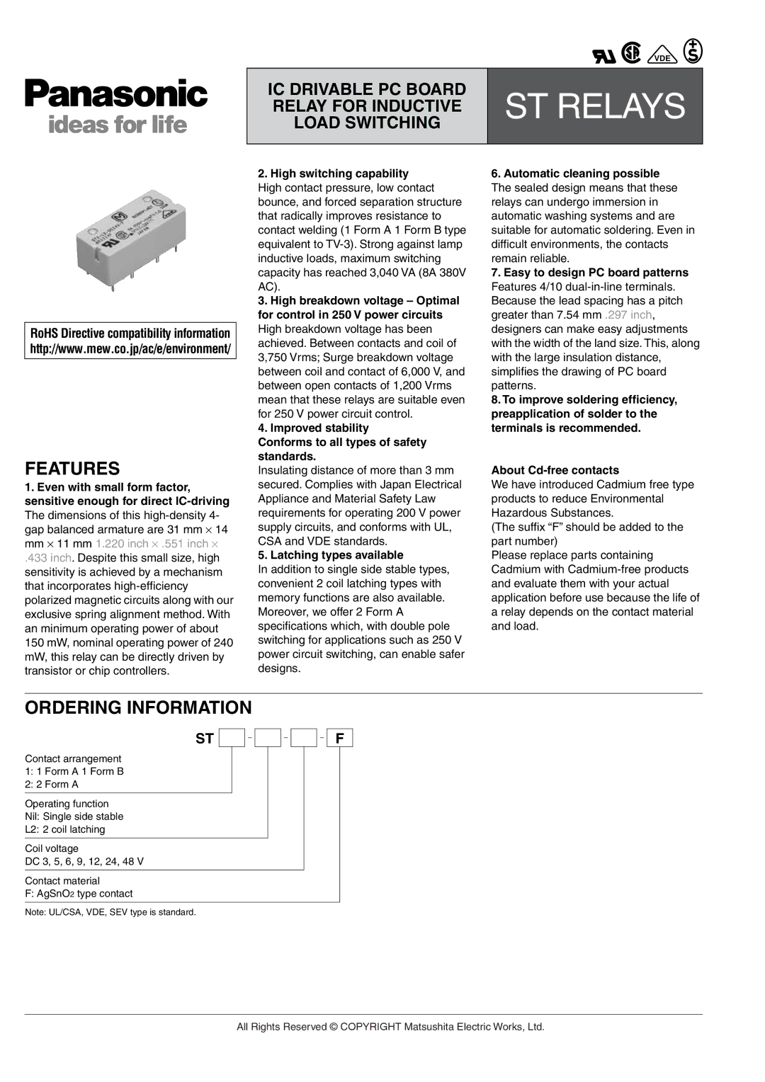 Panasonic IC Drivable PC Board dimensions Features, Ordering Information, Latching types available 