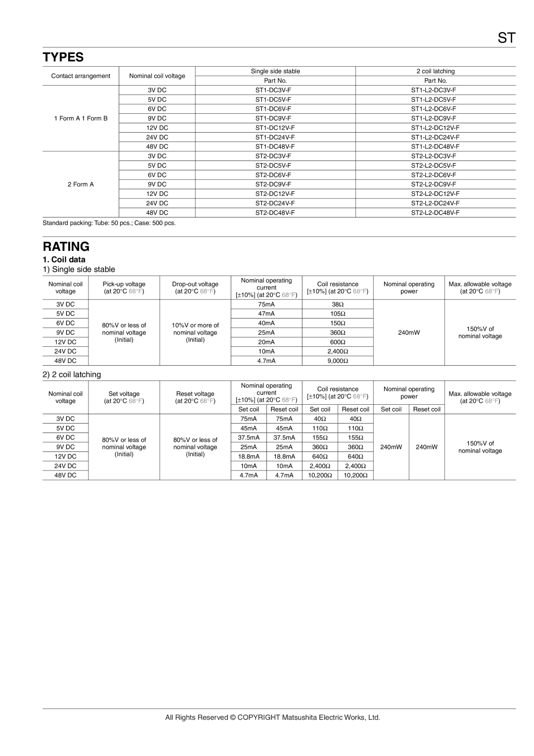 Panasonic IC Drivable PC Board dimensions Types, Rating, Coil data 