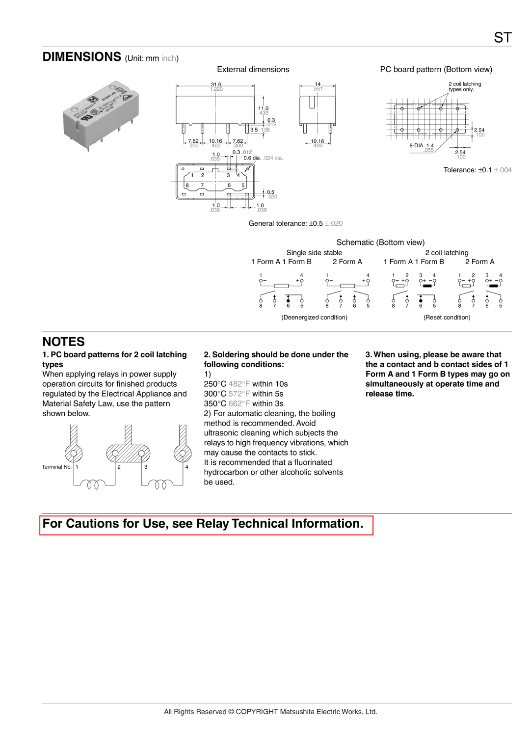 Panasonic IC Drivable PC Board dimensions Form a and 1 Form B types may go on, Simultaneously at operate time, Release time 