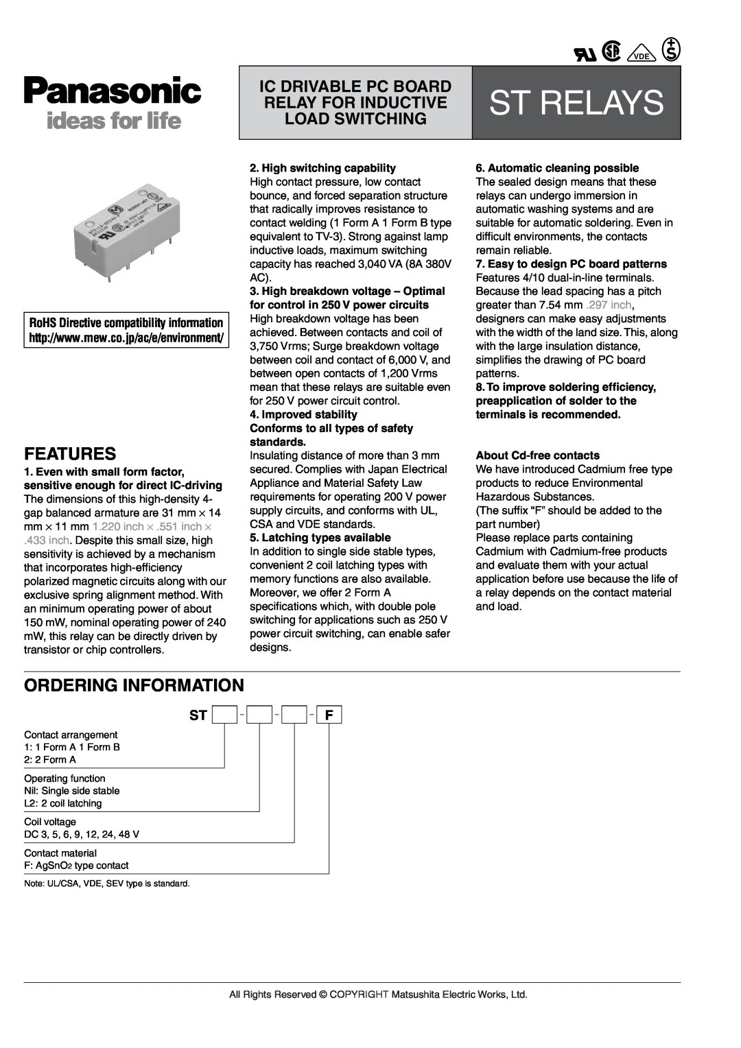 Panasonic IC Drivable PC Board dimensions Features, Ordering Information, Latching types available, About Cd-free contacts 