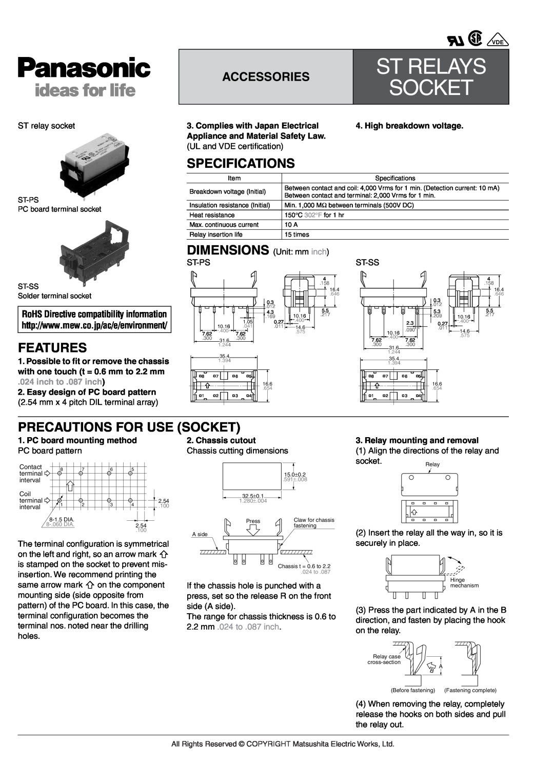 Panasonic IC Drivable PC Board Specifications, DIMENSIONS Unit mm inch, Precautions For Use Socket, Accessories, St Relays 