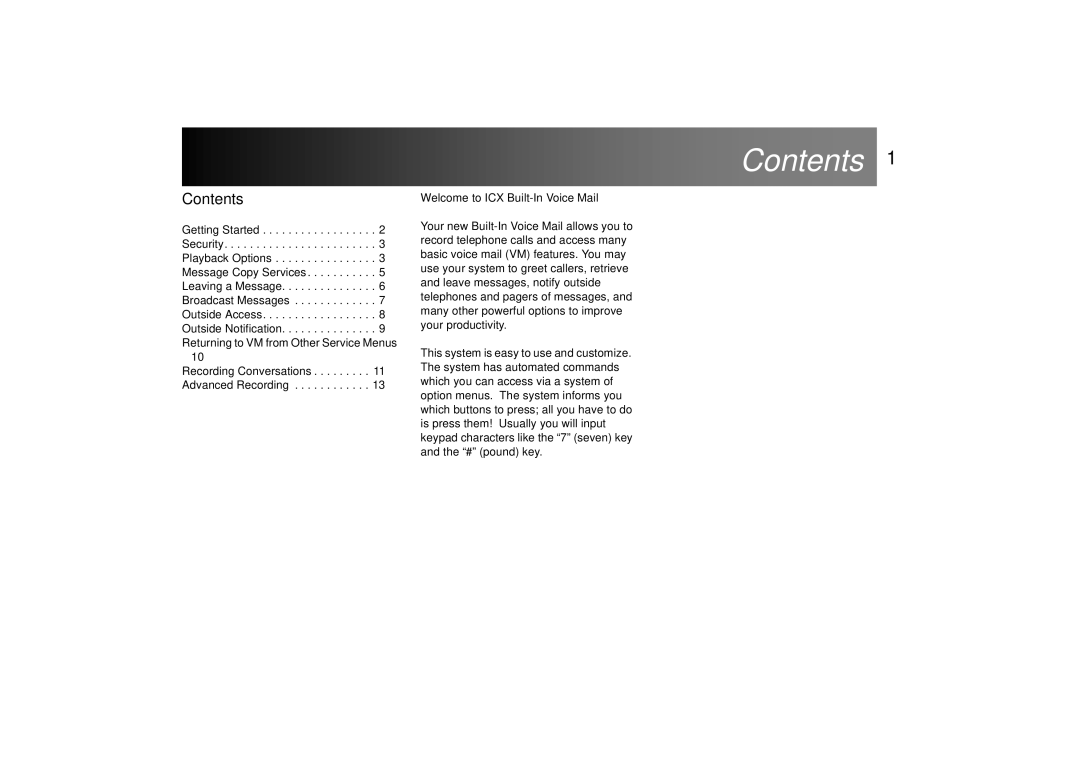 Panasonic ICX manual Contents 