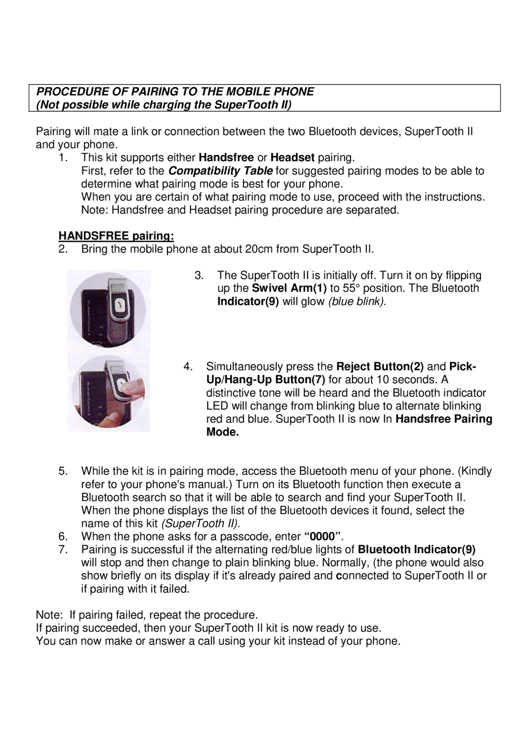 Panasonic II manual Handsfree pairing, Mode 