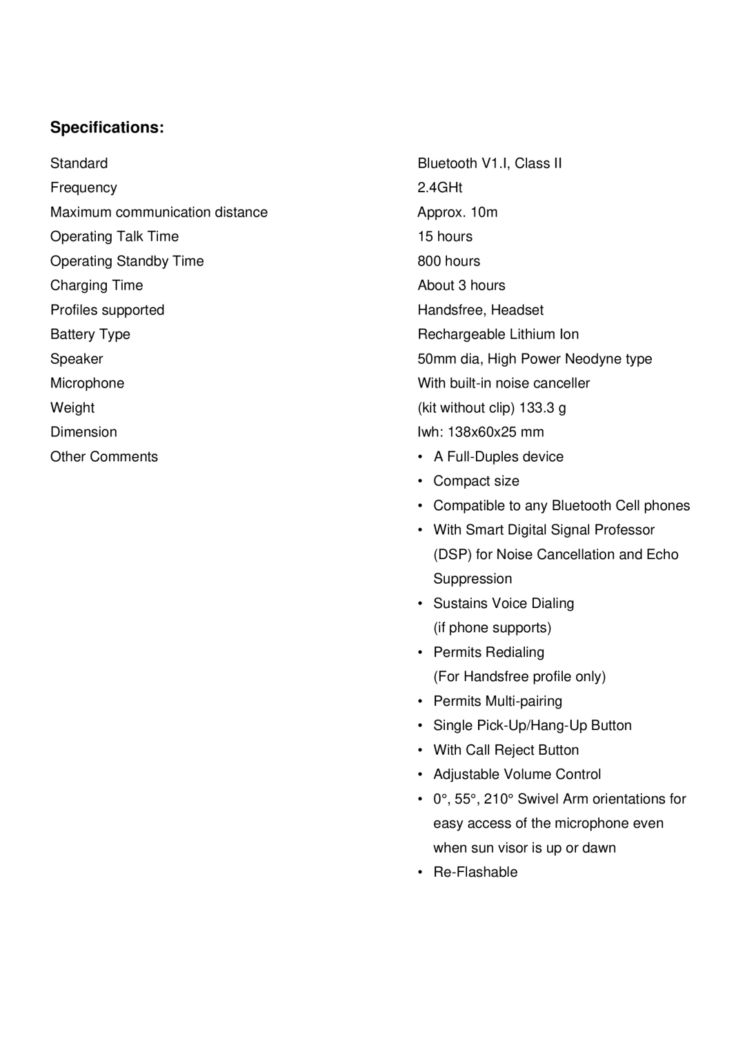 Panasonic II manual Specifications 