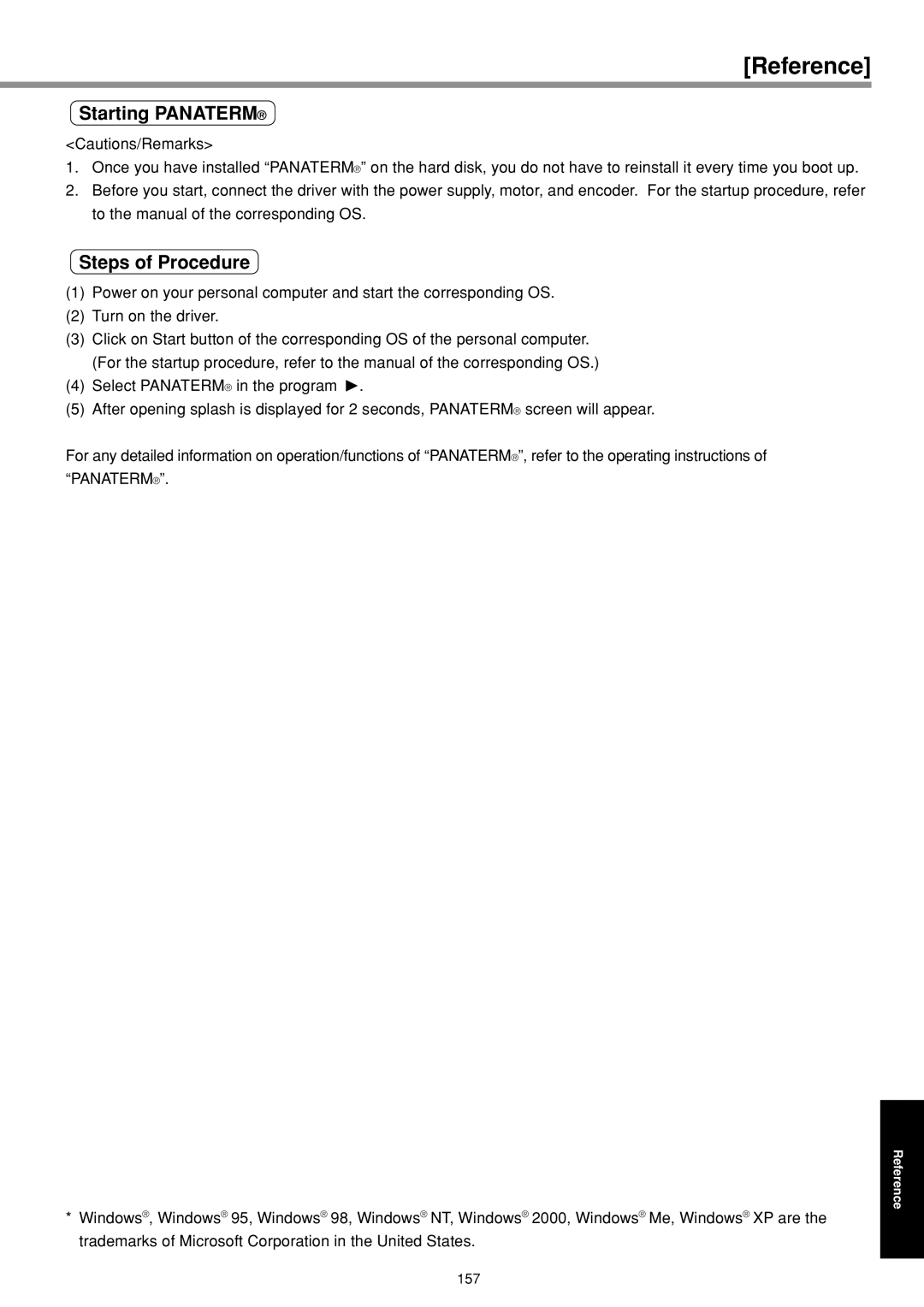 Panasonic IMC80A specifications Reference, Starting Panaterm 