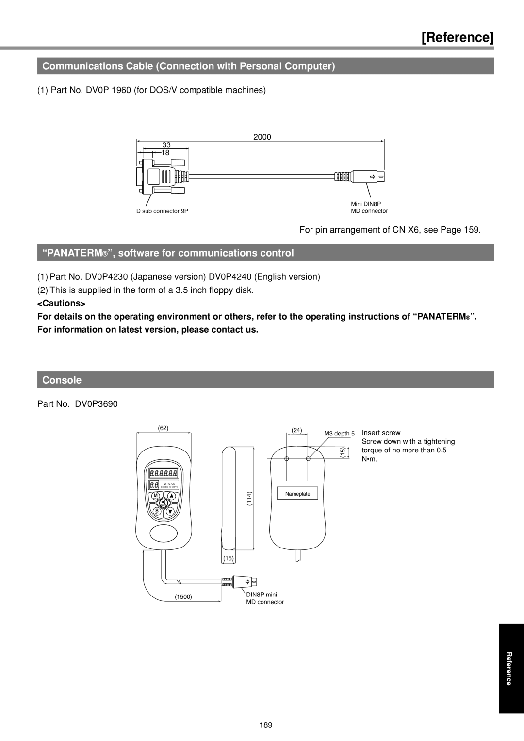 Panasonic IMC80A Communications Cable Connection with Personal Computer, PANATERM, software for communications control 