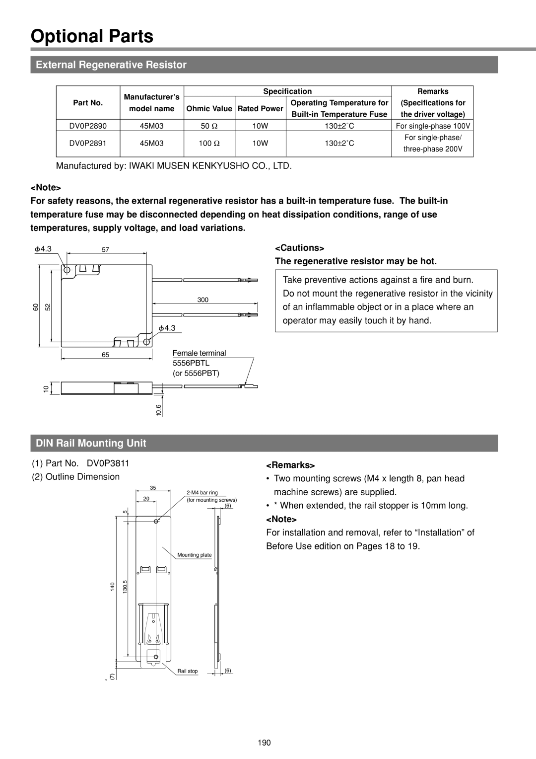 Panasonic IMC80A External Regenerative Resistor, DIN Rail Mounting Unit, Manufacturer’s Specification Remarks Ohmic Value 