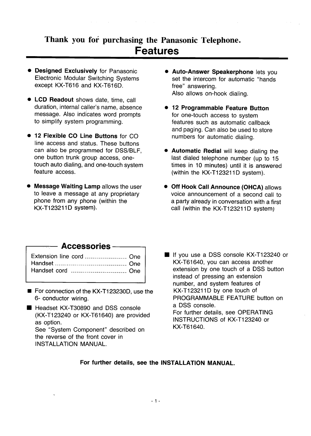 Panasonic integrated telephone system manual 