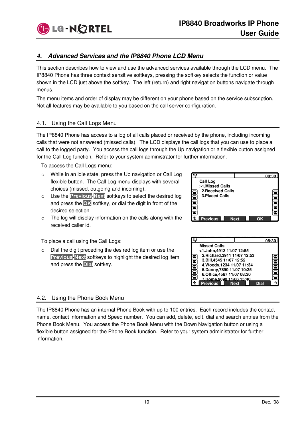 Panasonic manual Advanced Services and the IP8840 Phone LCD Menu, Using the Call Logs Menu, Using the Phone Book Menu 