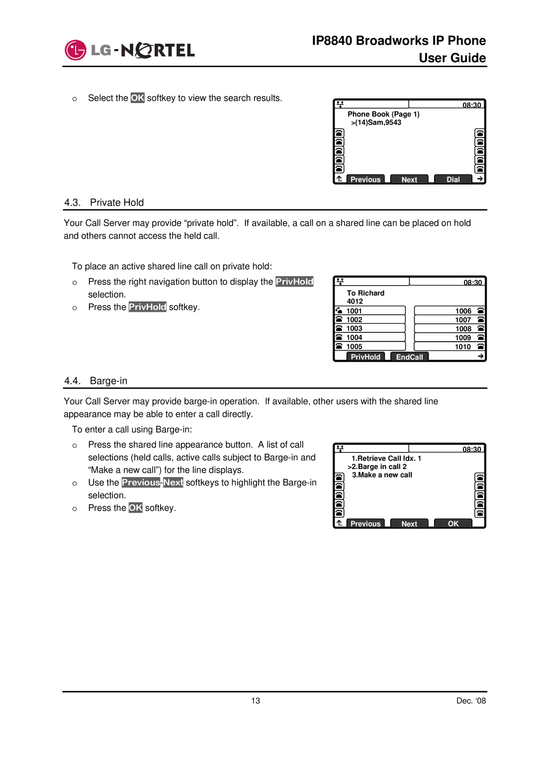 Panasonic IP8840 manual Private Hold, Barge-in 