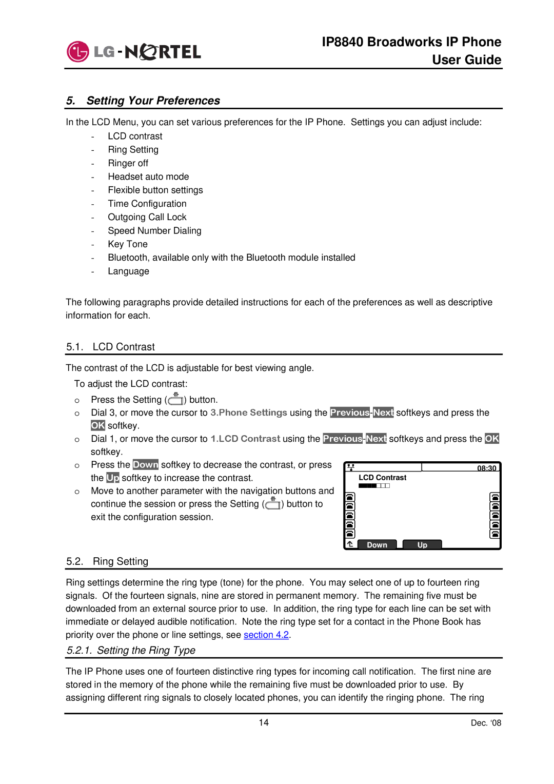 Panasonic IP8840 manual Setting Your Preferences, LCD Contrast, Ring Setting, Setting the Ring Type 