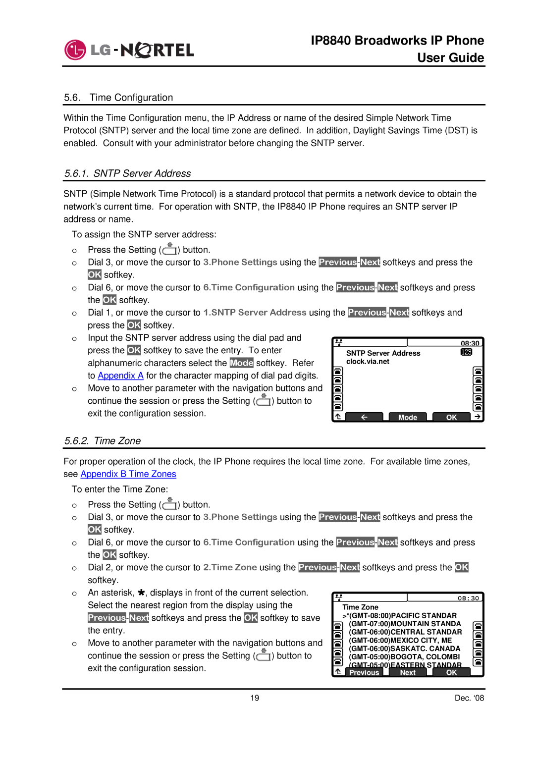 Panasonic IP8840 manual Time Configuration, Sntp Server Address, Time Zone 