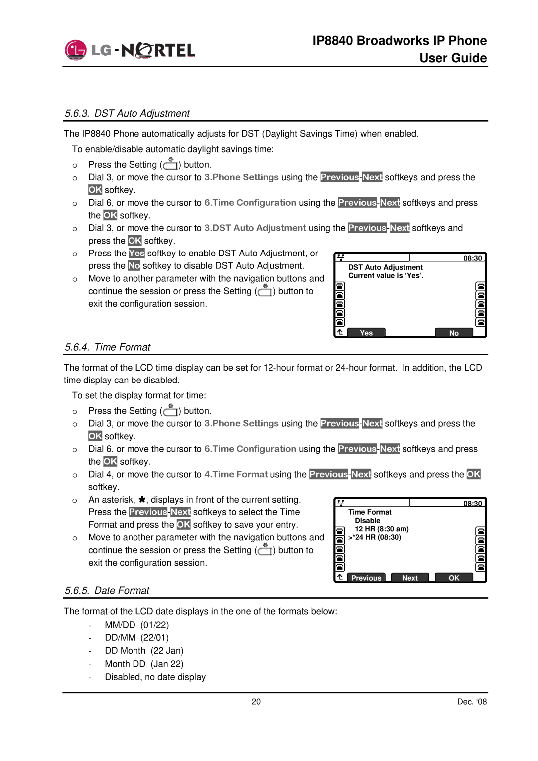 Panasonic IP8840 manual DST Auto Adjustment, Time Format, Date Format 