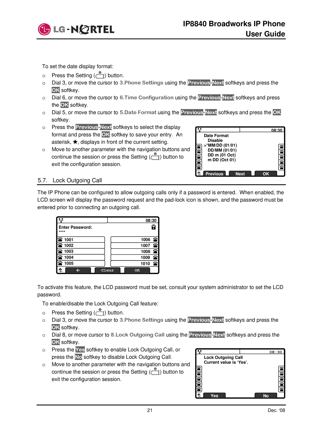 Panasonic IP8840 manual Lock Outgoing Call 