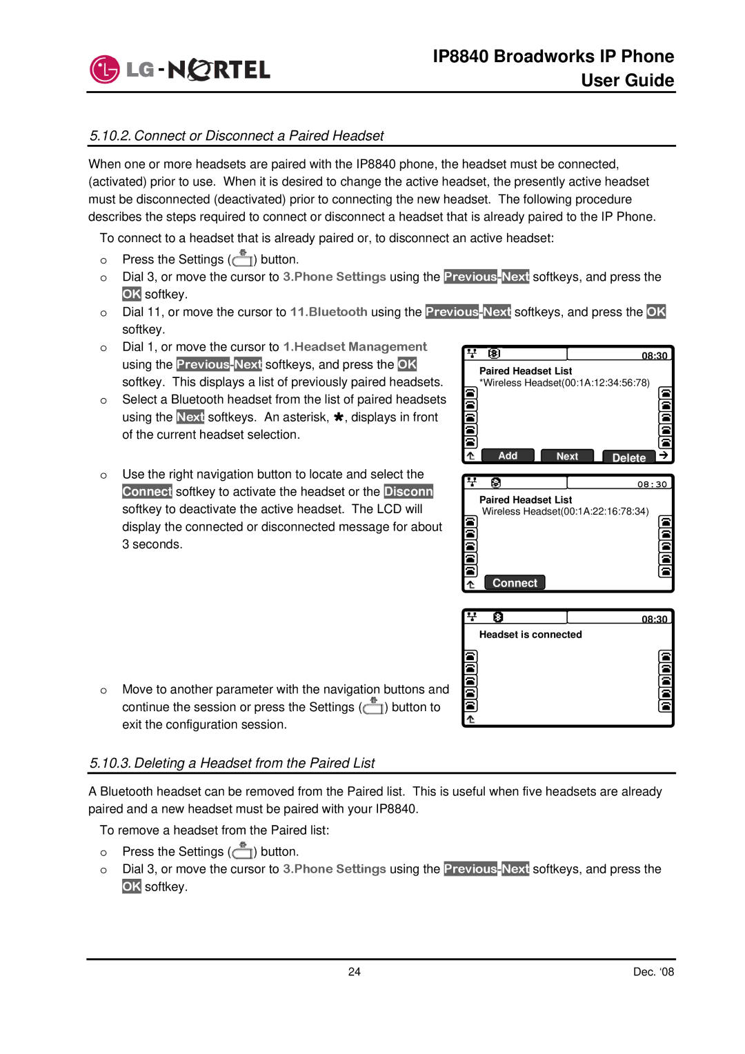 Panasonic IP8840 manual Connect or Disconnect a Paired Headset, Deleting a Headset from the Paired List 