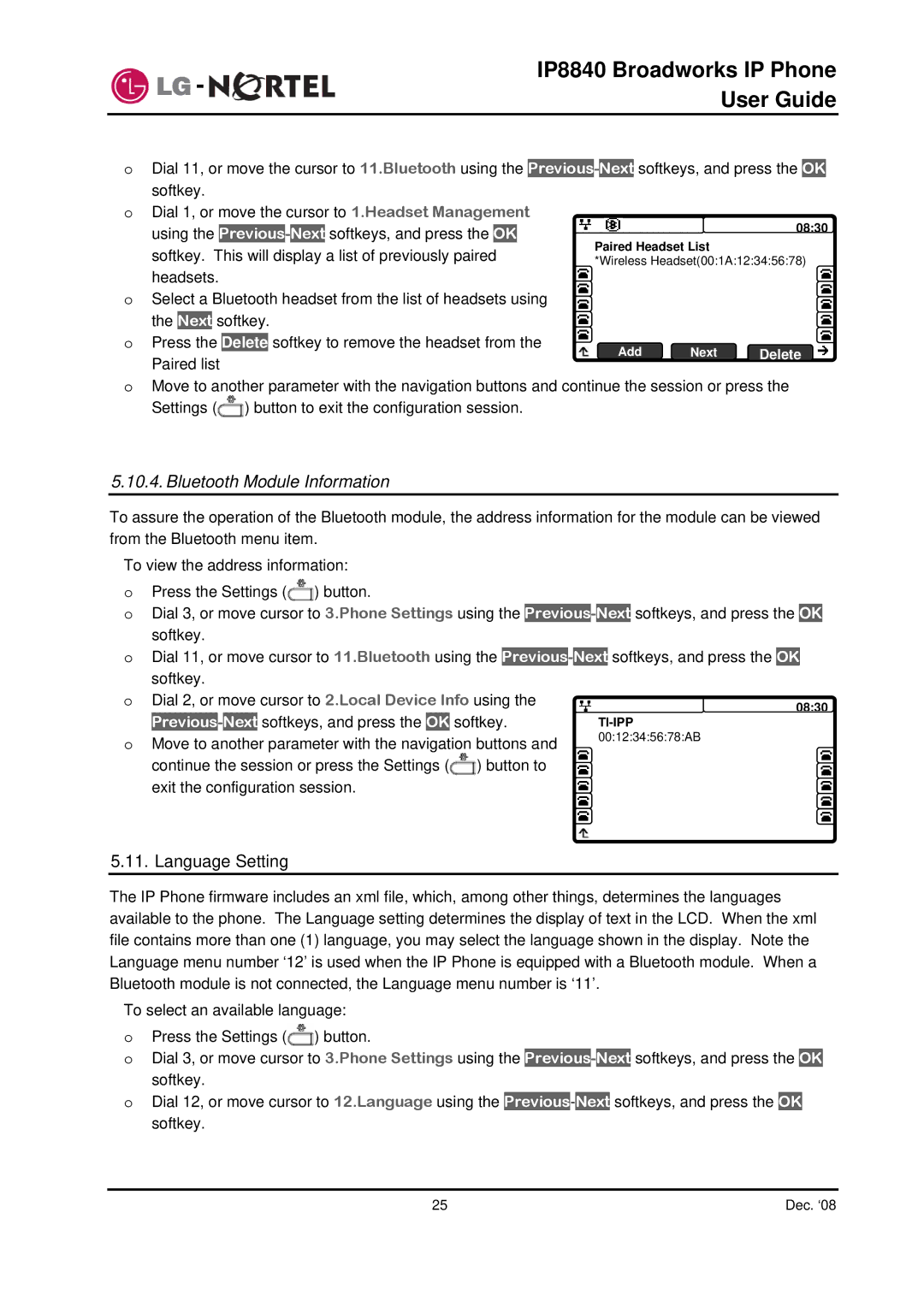 Panasonic IP8840 manual Bluetooth Module Information, Language Setting 