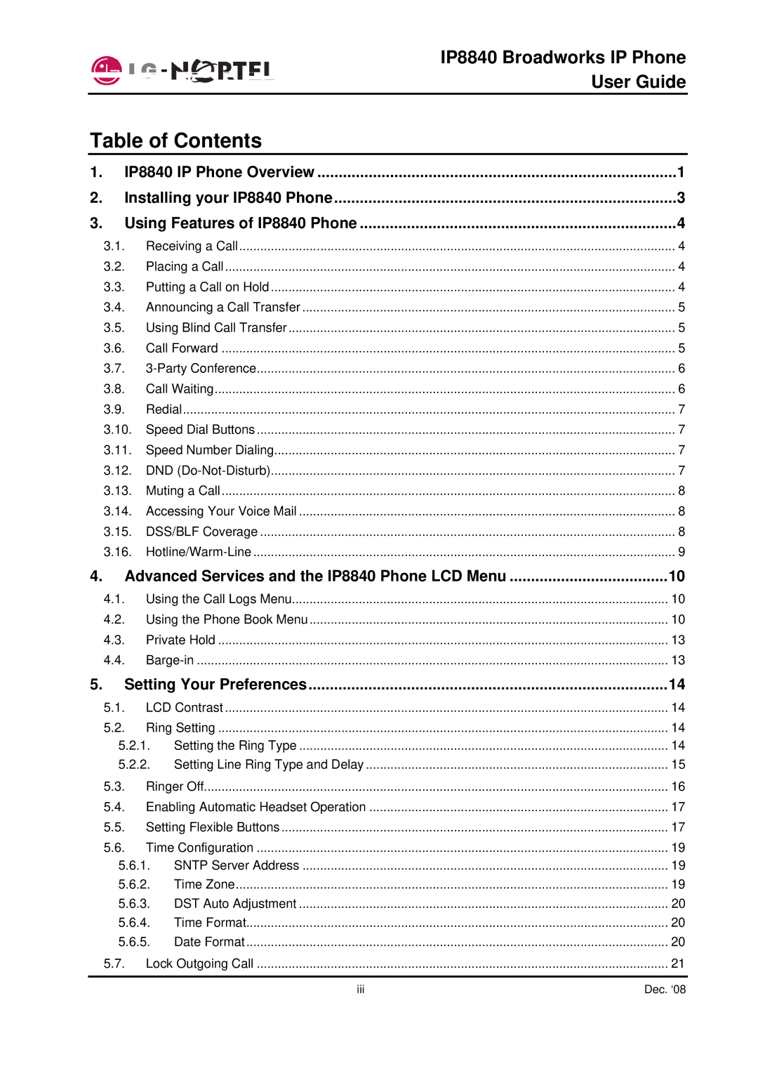 Panasonic IP8840 manual Table of Contents 