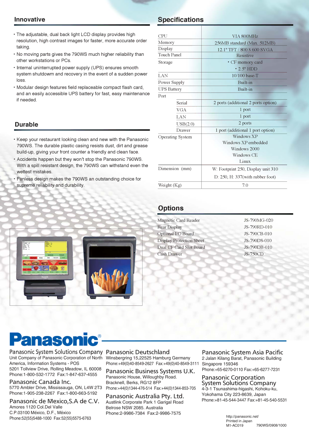 Panasonic JS-790WS manual Specifications, Options, Innovative, Durable 