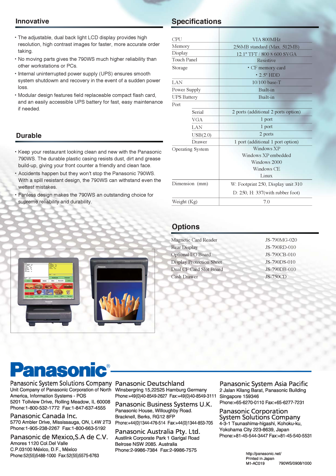 Panasonic JS-790WS manual Specifications, Options, Innovative, Durable, 3DQDVRQLFHXWVFKODQG, 3DQDVRQLF6\VWHP$VLD3DFLILF 