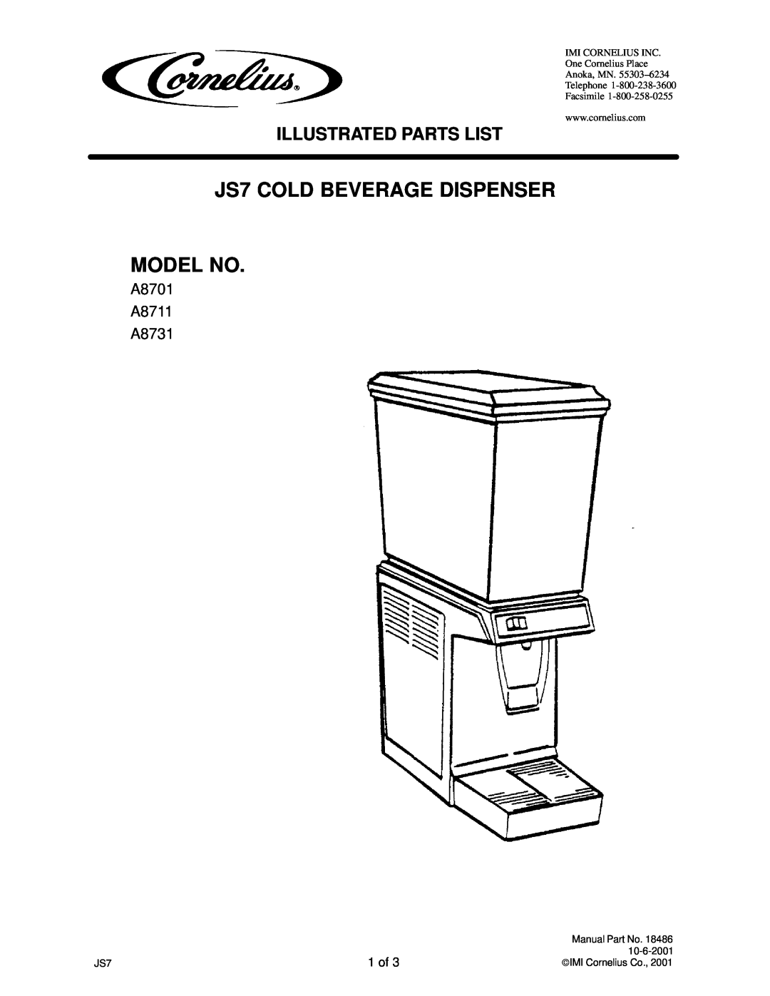 Panasonic manual JS7 COLD BEVERAGE DISPENSER MODEL NO, Illustrated Parts List, 1 of, A8701 A8711 A8731 