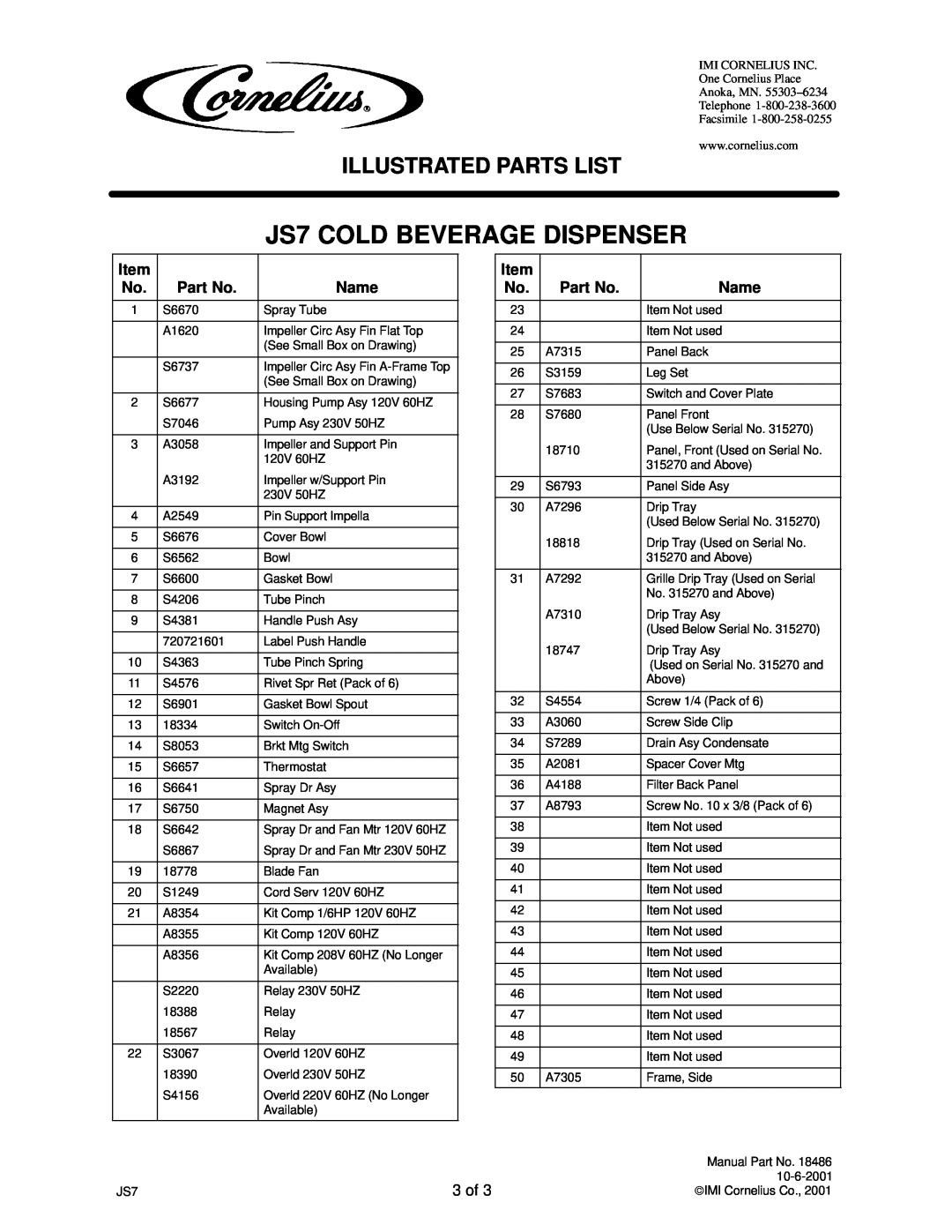 Panasonic manual Name, 3 of, JS7 COLD BEVERAGE DISPENSER, Illustrated Parts List 