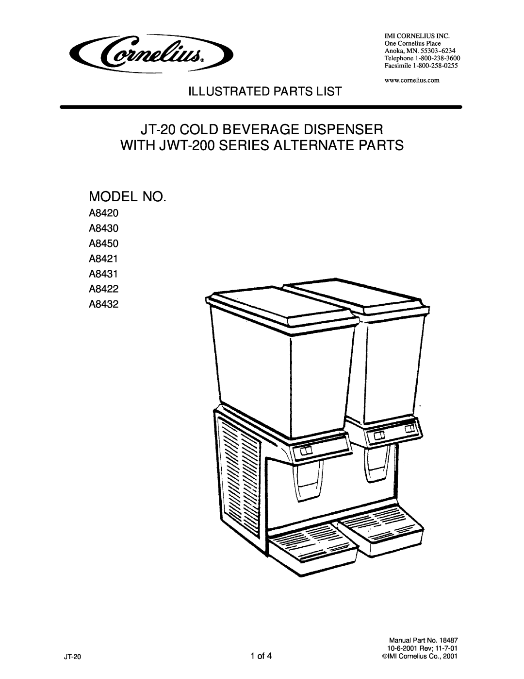 Panasonic manual JT-20COLD BEVERAGE DISPENSER, WITH JWT-200SERIES ALTERNATE PARTS MODEL NO, Illustrated Parts List 