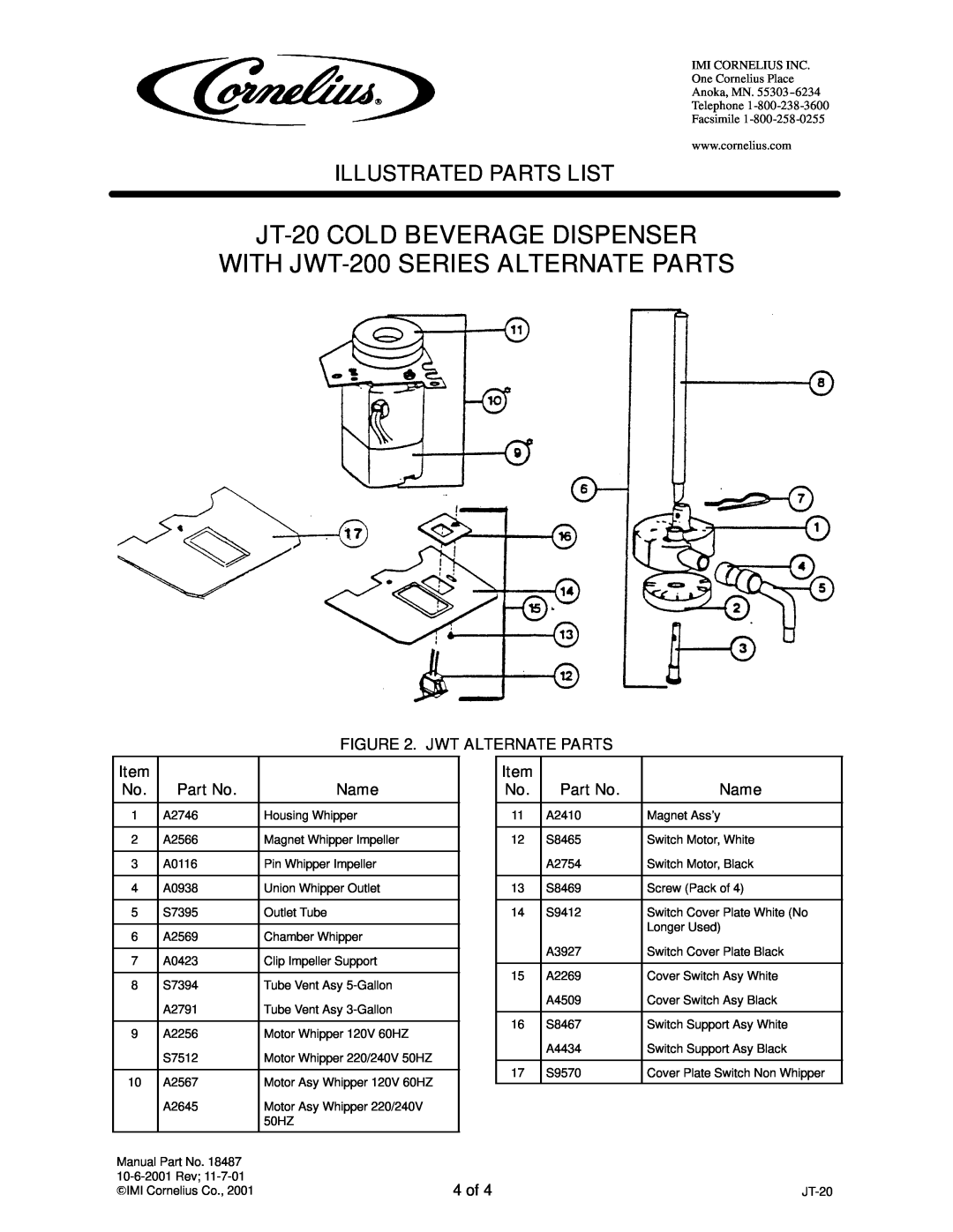Panasonic manual Jwt Alternate Parts, 4 of, JT-20COLD BEVERAGE DISPENSER, WITH JWT-200SERIES ALTERNATE PARTS, Name 