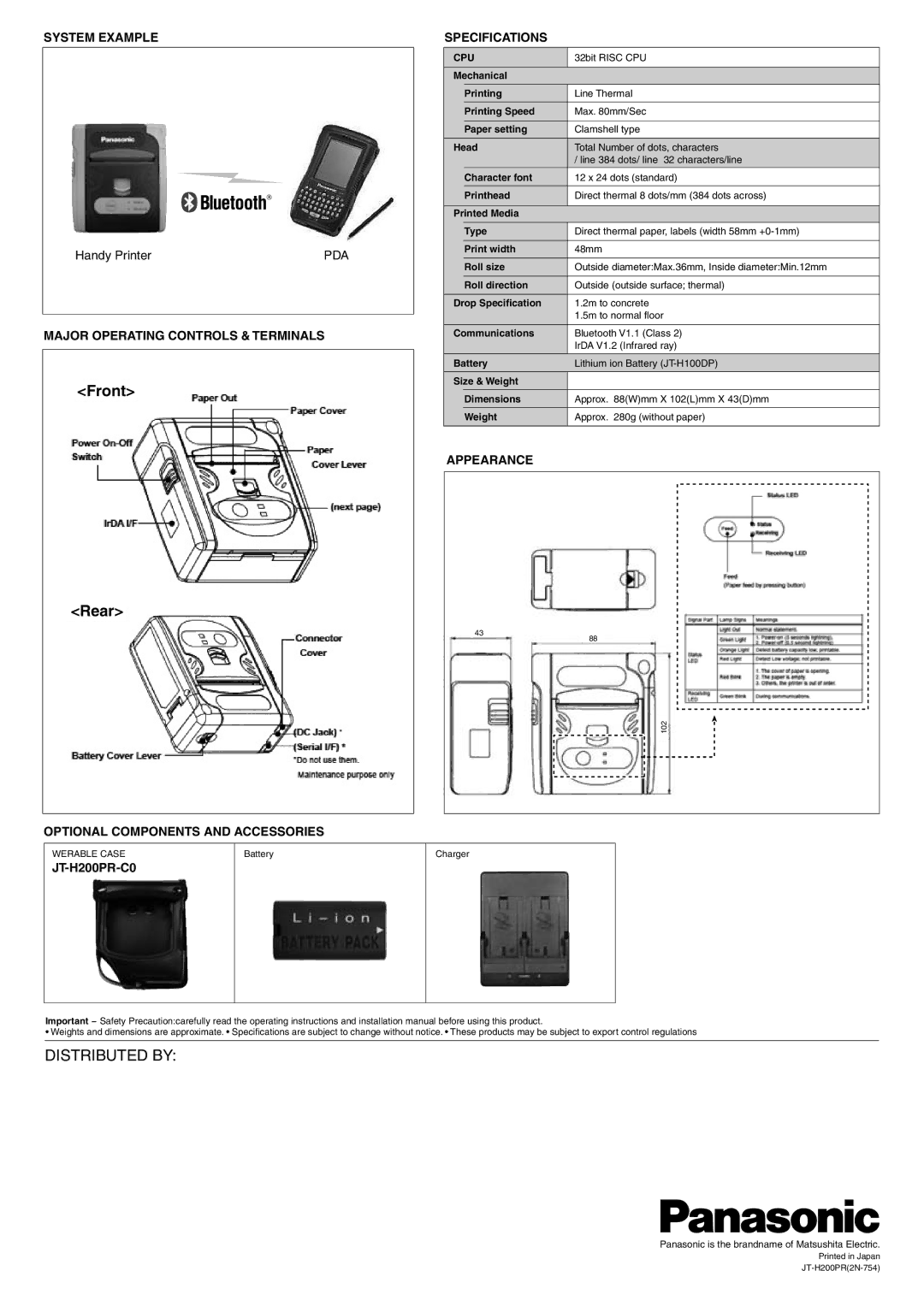 Panasonic JT-H200PR manual Front Rear 