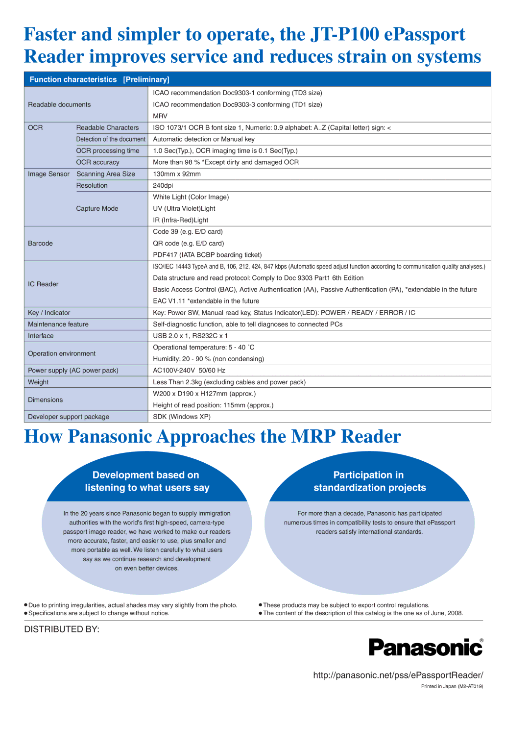 Panasonic JT-P100 dimensions Participation, Listening to what users say Standardization projects 