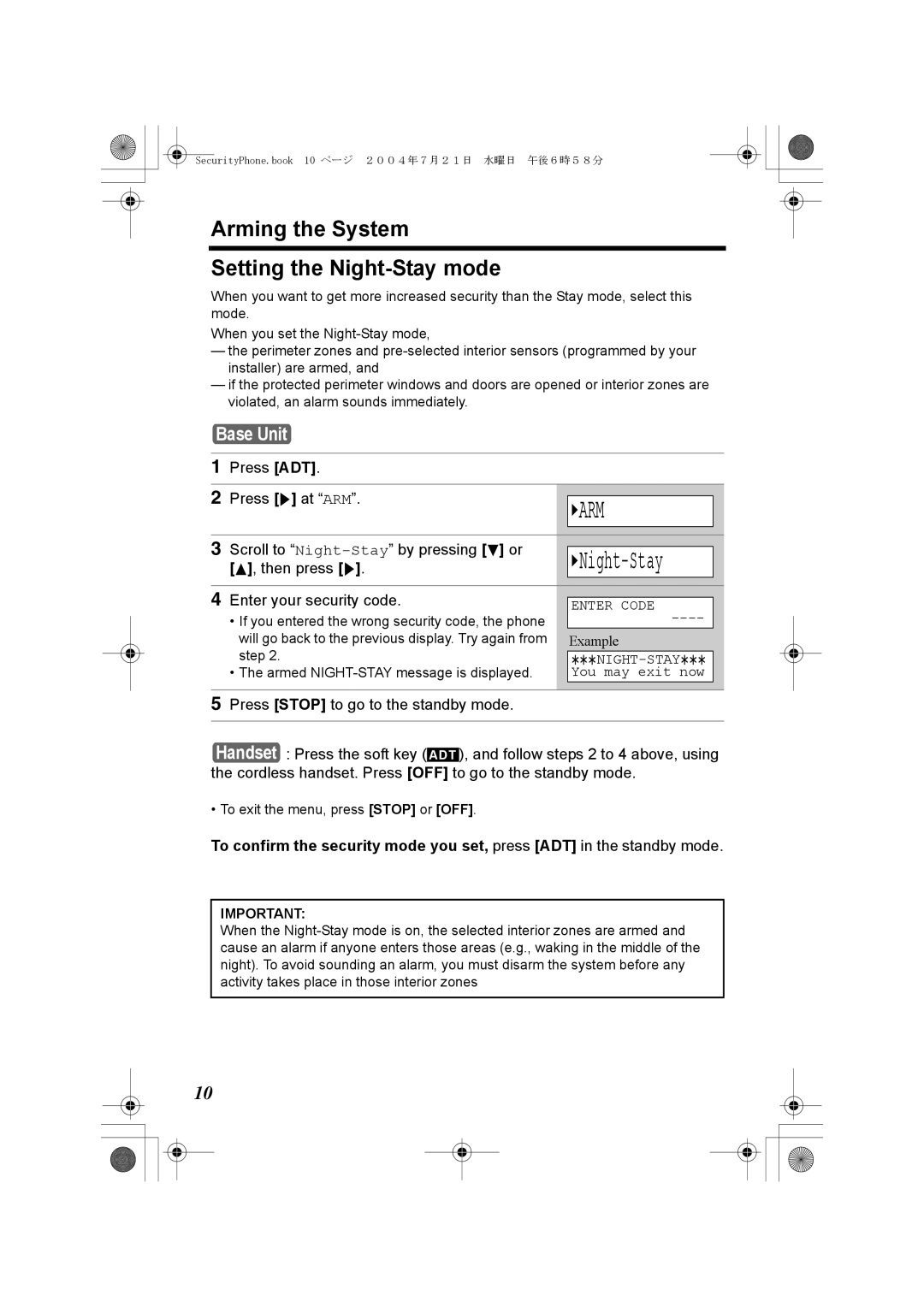 Panasonic K10059 manual Arming the System Setting the Night-Stay mode, Scroll to Night-Stay by pressing d or 