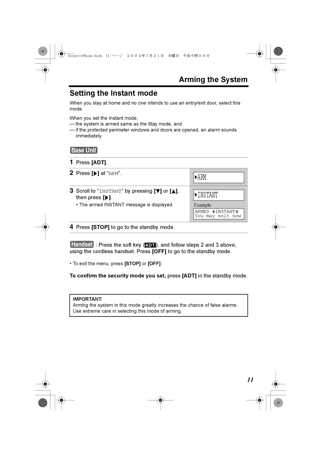 Panasonic K10059 manual Arming the System Setting the Instant mode, Scroll to Instant by pressing d or B, Then press g 