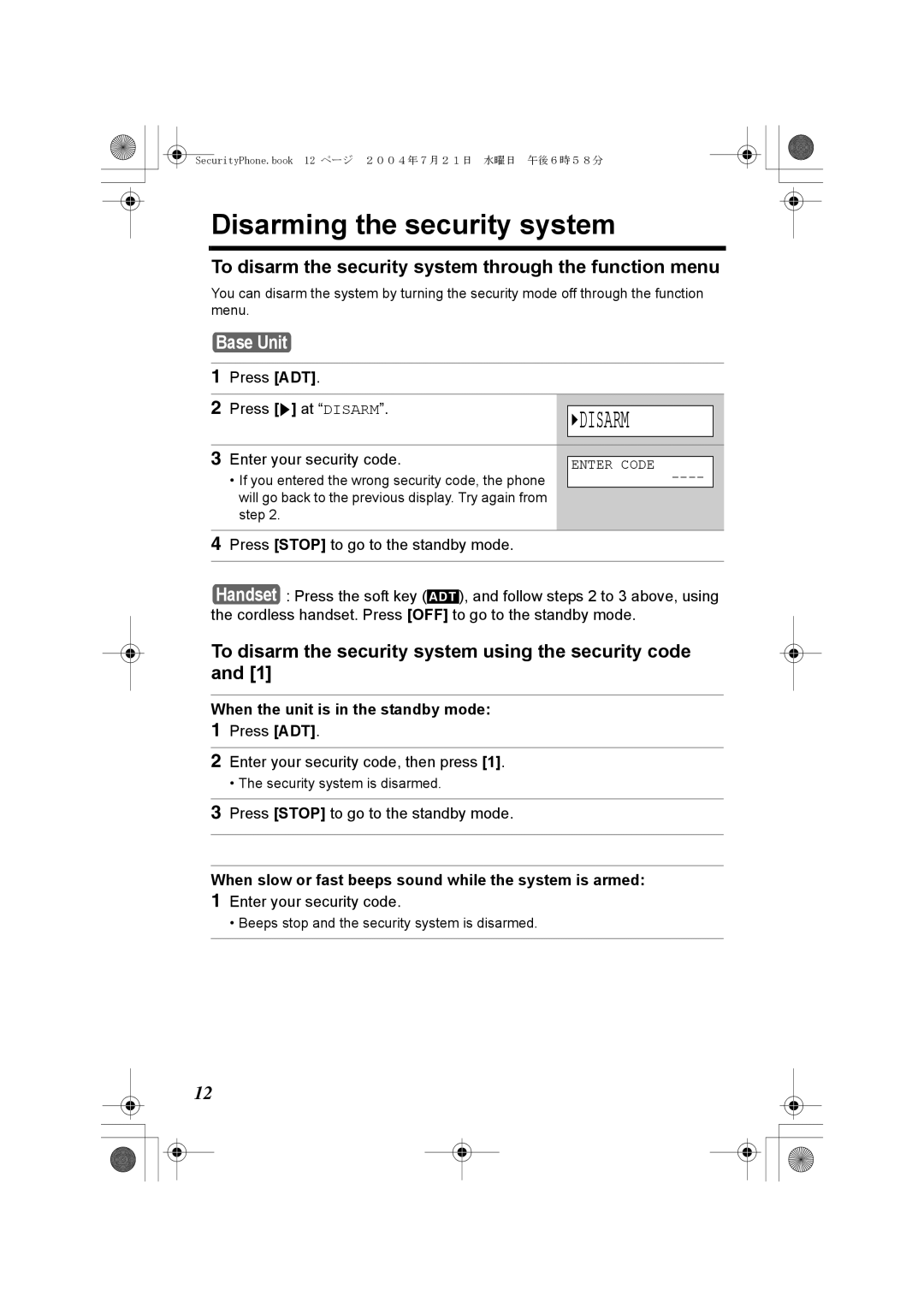 Panasonic K10059 Disarming the security system, When the unit is in the standby mode, Press Stop to go to the standby mode 