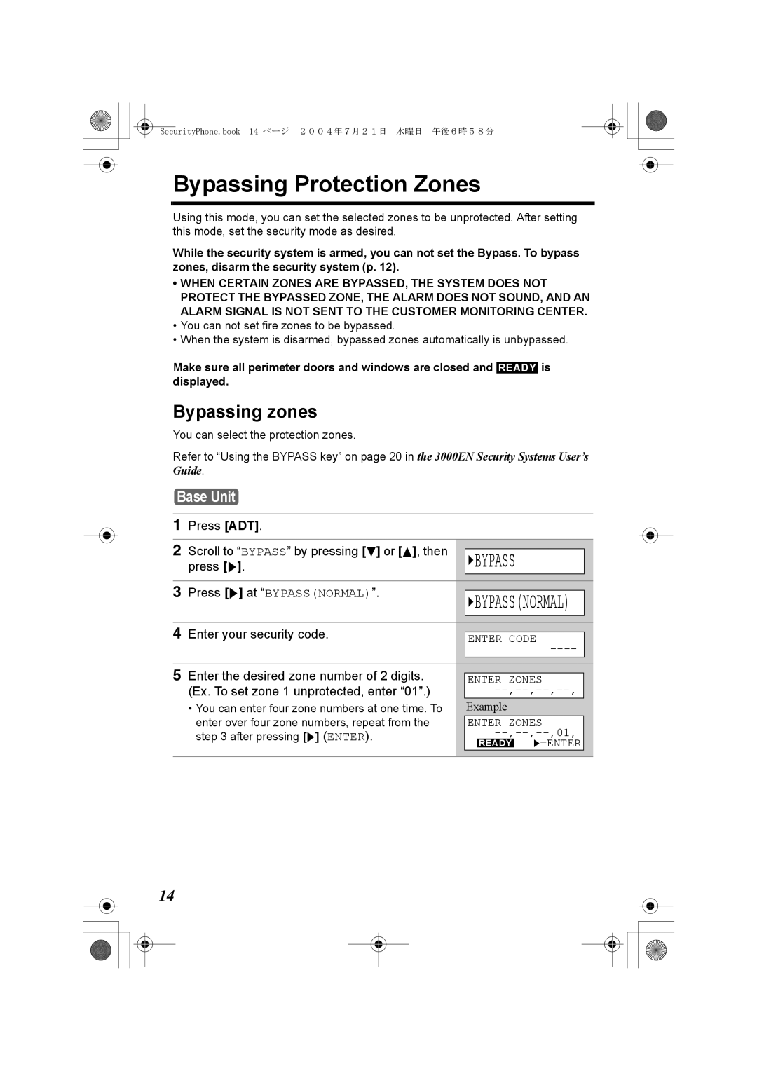 Panasonic K10059 manual Bypassing Protection Zones, Bypassing zones, Gbypassnormal 