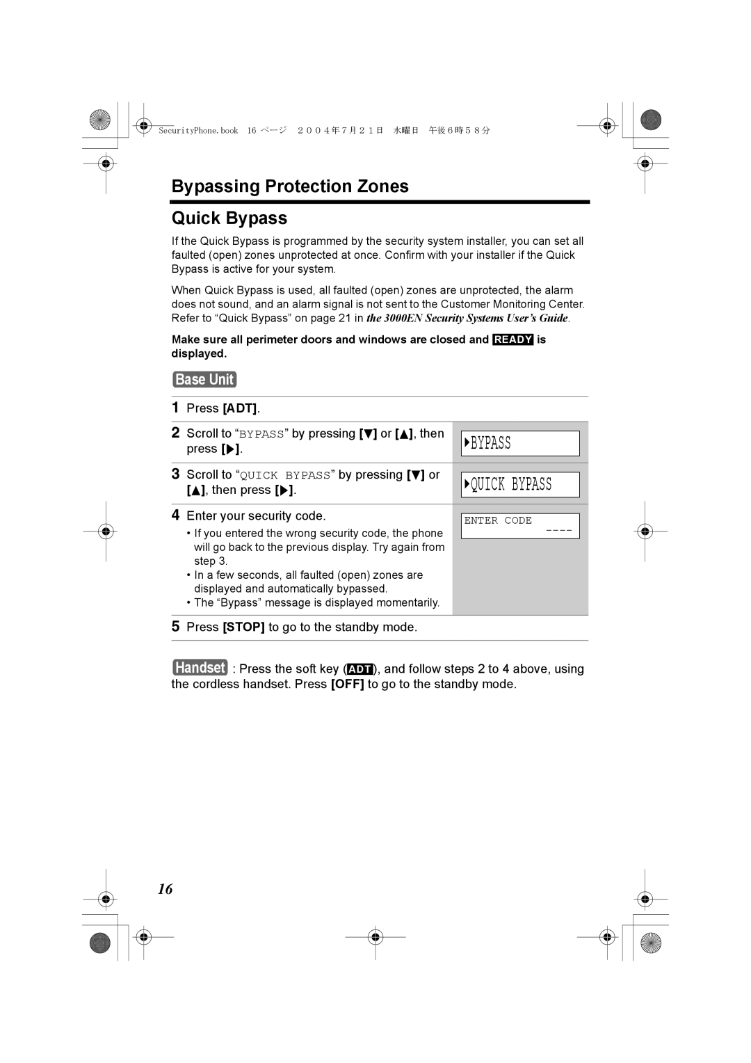 Panasonic K10059 manual Bypassing Protection Zones Quick Bypass, Press g Scroll to Quick Bypass by pressing d or 