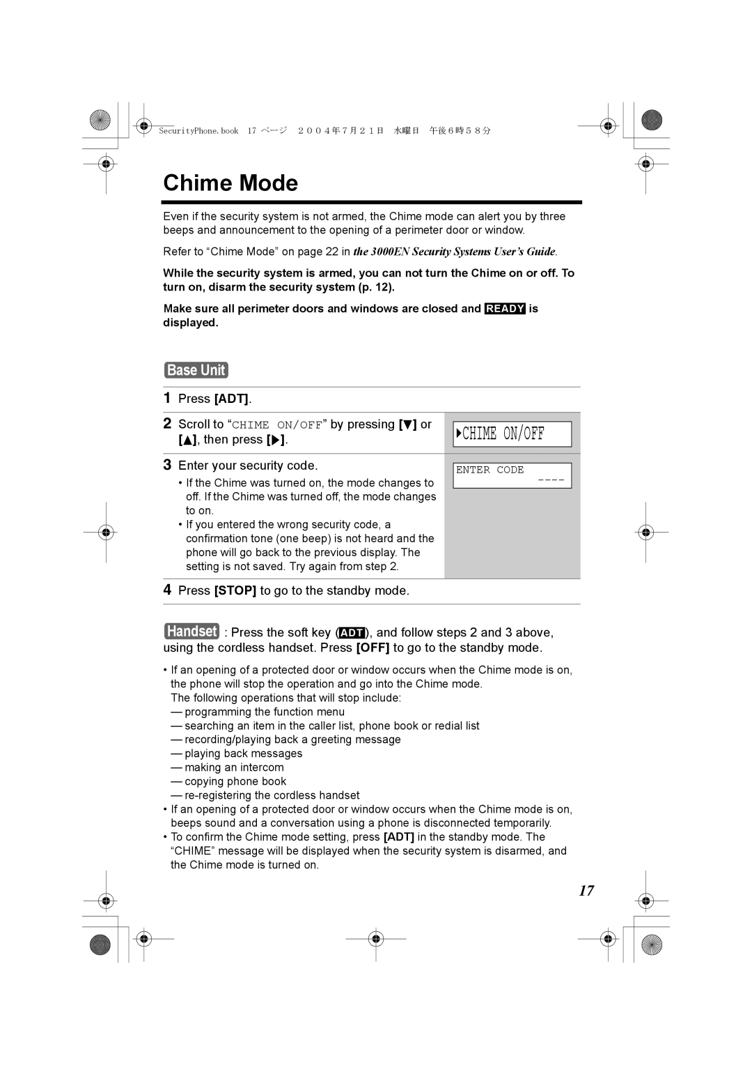 Panasonic K10059 manual Chime Mode, Press ADT Scroll to Chime ON/OFF by pressing d or 