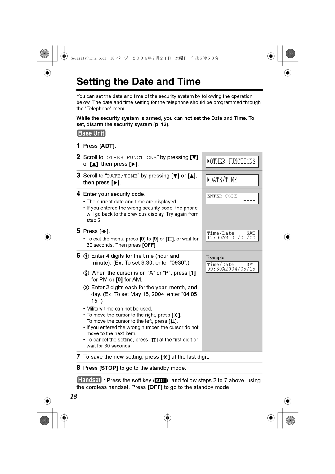 Panasonic K10059 manual Setting the Date and Time, GOTHER Functions, Press ADT Scroll to Other Functions by pressing d 