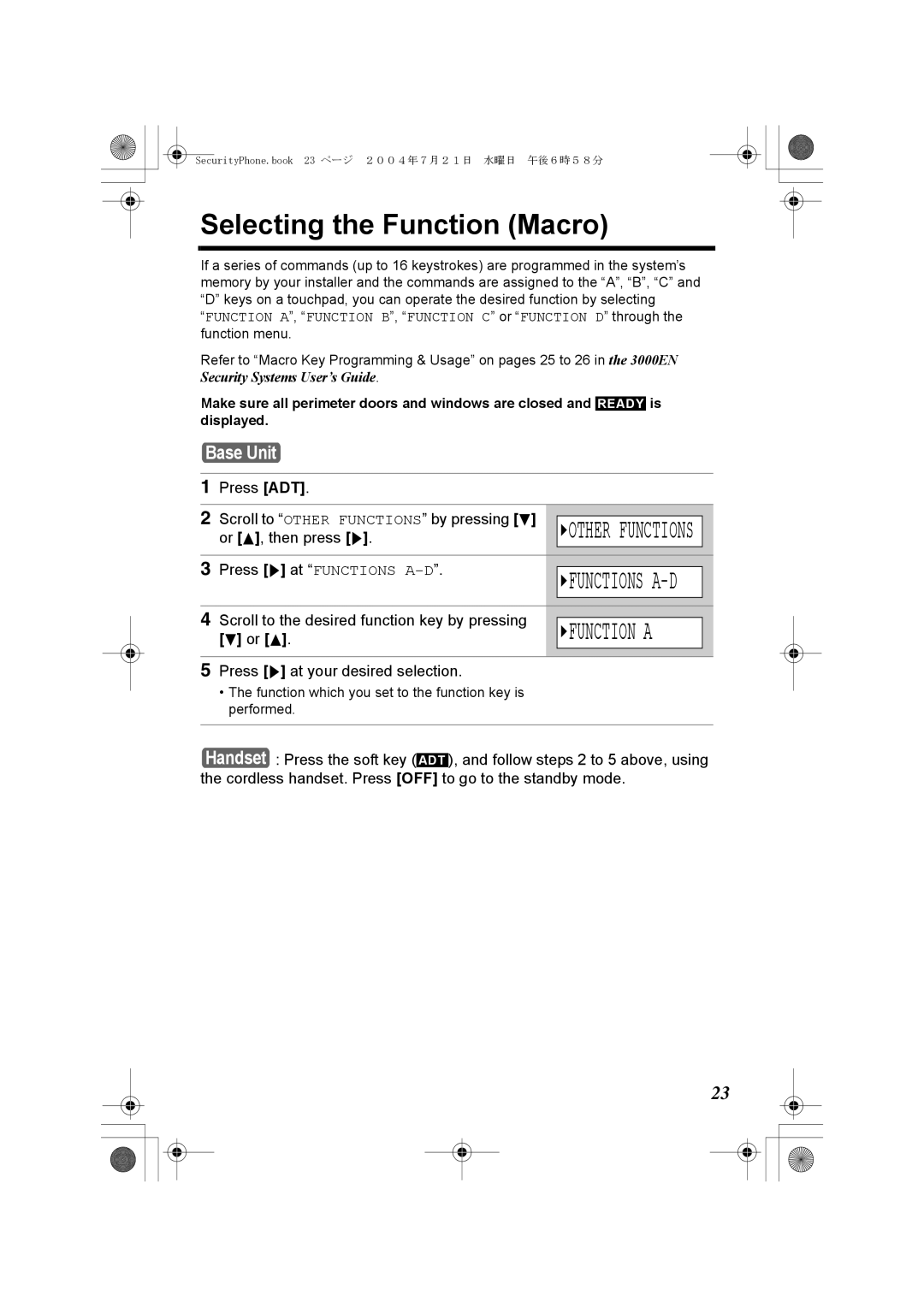 Panasonic K10059 manual Selecting the Function Macro, Or B , then press g Press g at Functions A-D 