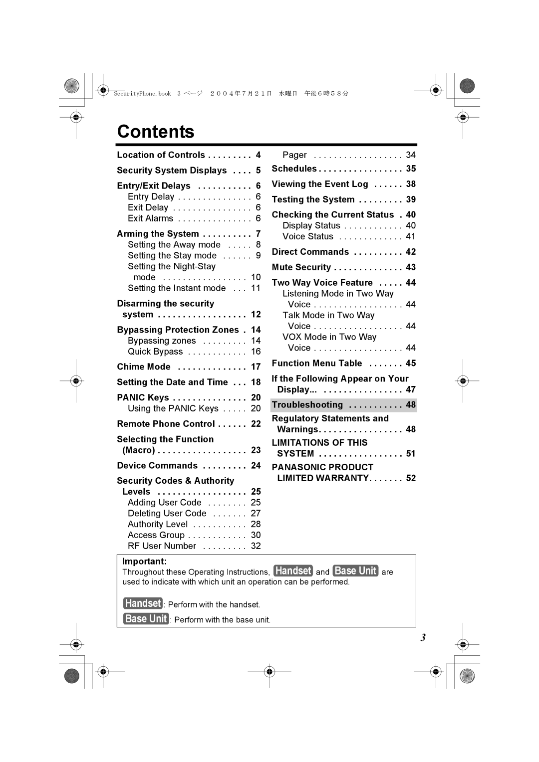 Panasonic K10059 manual Contents 