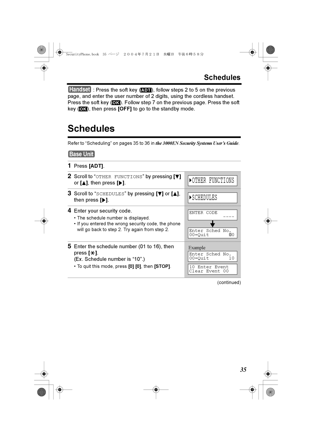 Panasonic K10059 manual Gschedules, Or B, then press g Scroll to Schedules by pressing d or B 