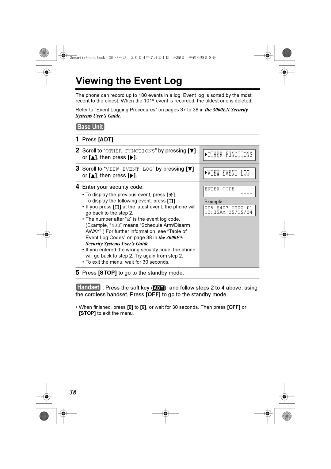 Panasonic K10059 manual Viewing the Event Log, GVIEW Event LOG, Or B , then press g Scroll to View Event LOG by pressing d 