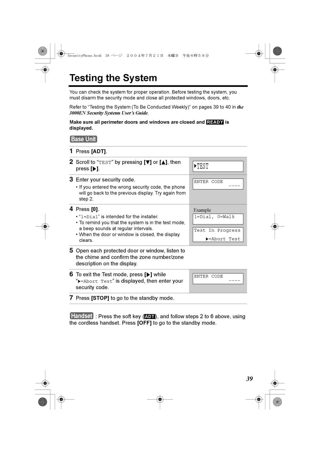 Panasonic K10059 Testing the System, Press ADT Scroll to Test by pressing d or B, then, Press g Enter your security code 