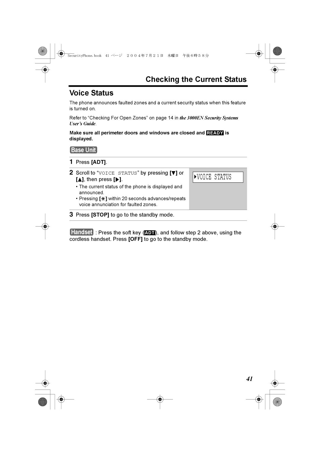 Panasonic K10059 manual Checking the Current Status Voice Status, Press ADT Scroll to Voice Status by pressing d or 