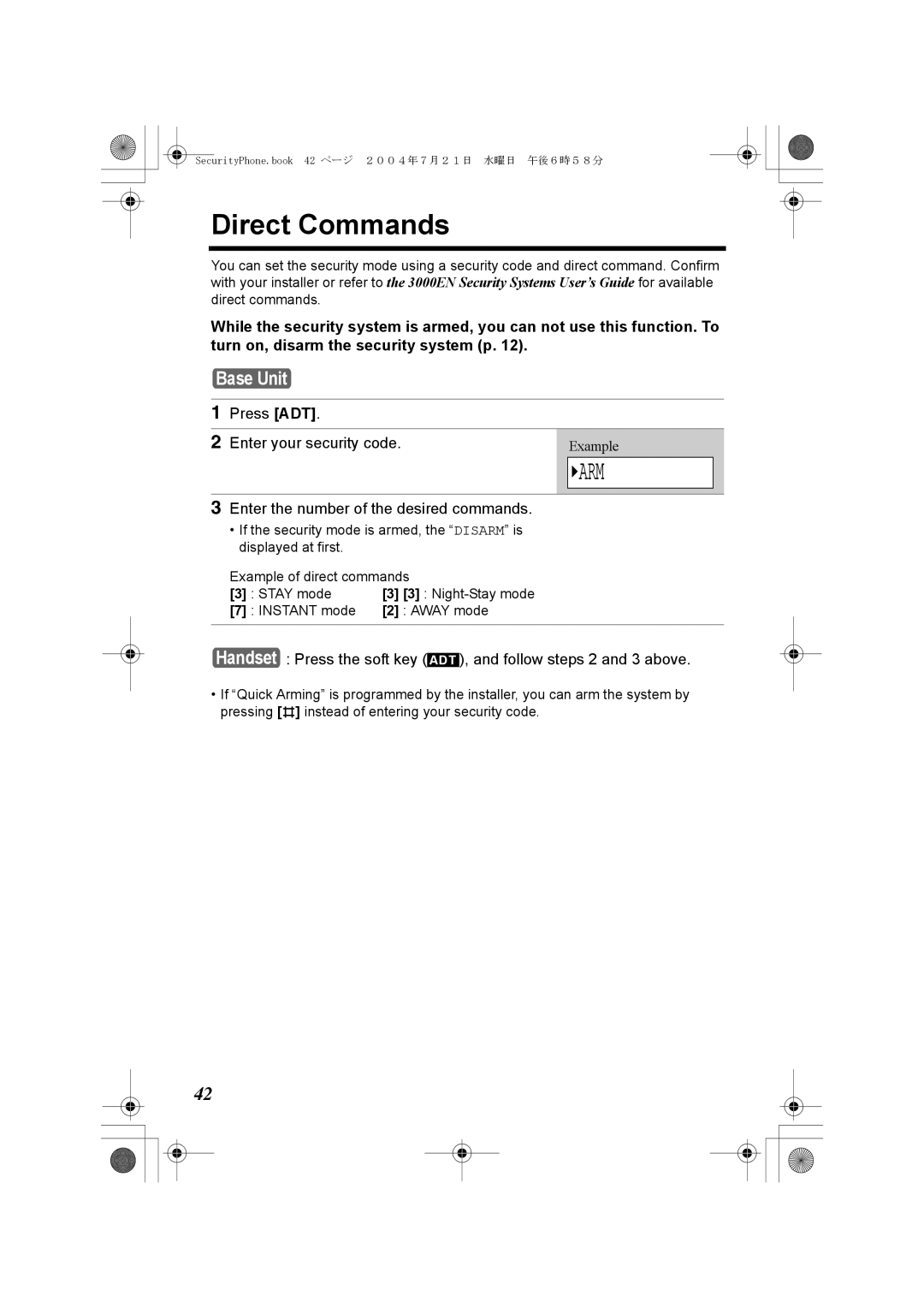 Panasonic K10059 manual Direct Commands, Press ADT Enter your security code, Enter the number of the desired commands 