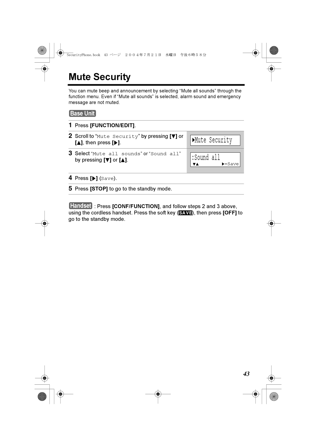 Panasonic K10059 manual Press FUNCTION/EDIT, Scroll to Mute Security by pressing d or, By pressing d or B 