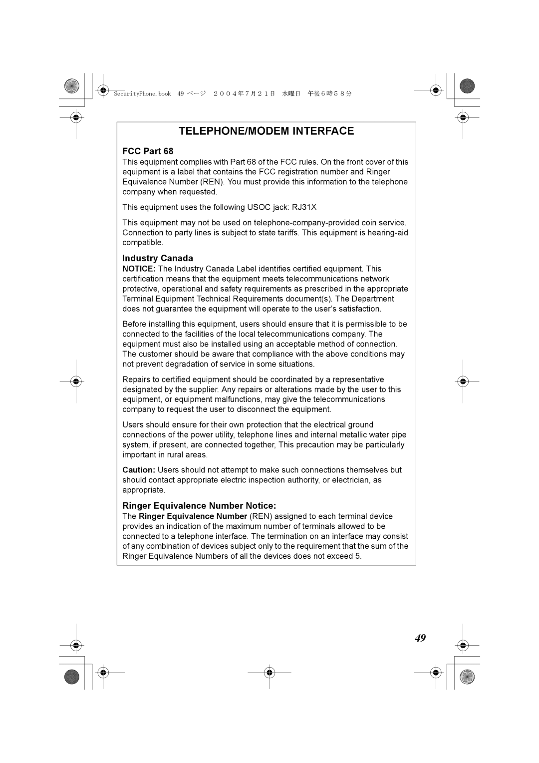 Panasonic K10059 manual FCC Part, Ringer Equivalence Number Notice 